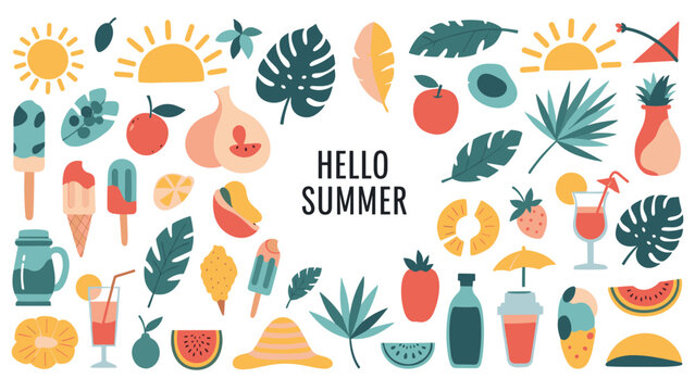 Hello summer greeting card surrounded by various colorful icons of tropical leaves, fruits, ice cream, and sun symbols on white. - Powered by Adobe