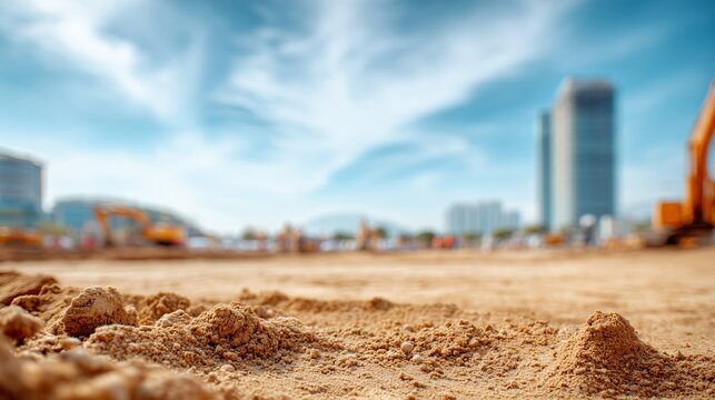 Cleared construction site prepared for building foundation. Ground level view with sand in the foreground and blurred city skyscrapers under a blue sky in the background. Urban development concept.