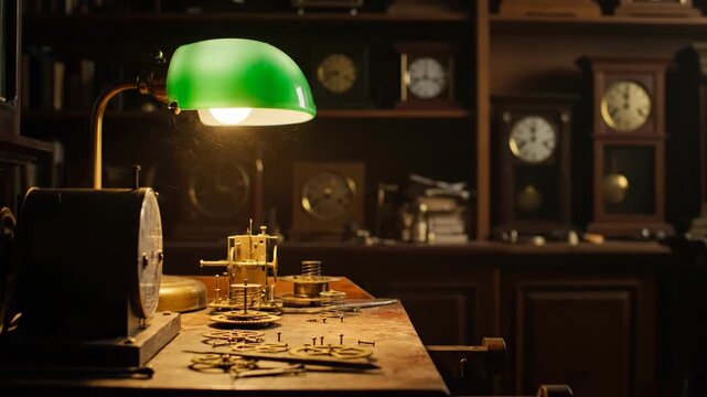 A dimly lit workshop glows with a green lamp illuminating a cluttered workbench filled with tools and antique clocks Gears and mechanisms hint at intricate craftsmanship