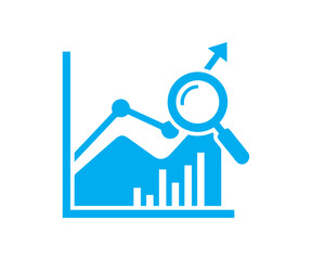 This informative blue icon illustrating a magnifying glass examining upward trending market data on a combined chart is isolated on a white.