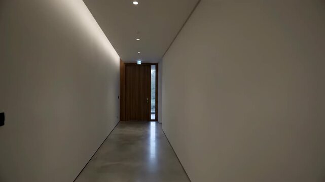 A long empty hallway with warm lighting leads to a wooden door Modern interior design with clean lines and white walls creates a sense of calm
