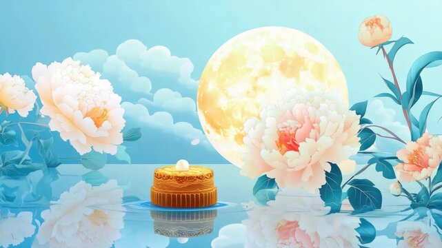 A dreamy of a large, glowing moon illuminating the night sky and reflecting on a tranquil pond. Surrounded by blooming flowers, it's a serene fantasy scene.