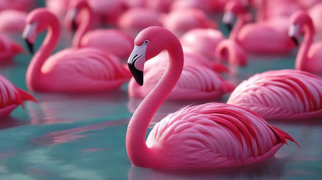 A peaceful scene of numerous pink flamingos floating on a light blue body of water.