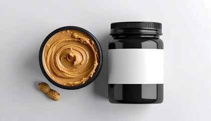 Creamy peanut butter in black jar with blank label & open container