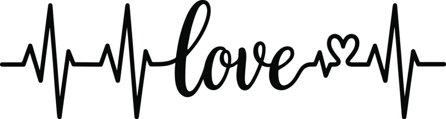  Minimalist Continuous Line Art Vector Illustration of a Heartbeat Pulse Morphing into the Word "Love" in Cursive Calligraphy, Isolated on White Background for Valentine's Day Design