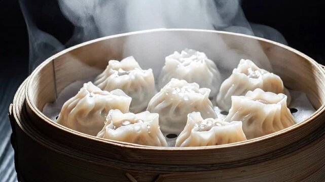 Steaming hot dumplings in a bamboo steamer basket, ready to be served.