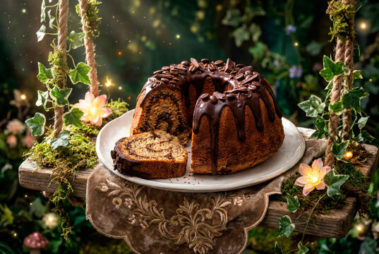Glazed chocolate bundt cake on garden swing