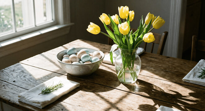 Yellow Tulips in Vase and Bowl of Easter Eggs on the Table