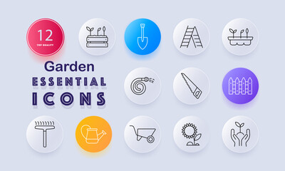 Fototapeta premium Garden set icon. Spade, watering can, rake, fence, hose, saw, wheelbarrow, potted plants, tray, sunflower, hands soil drawn in gardening tool style.