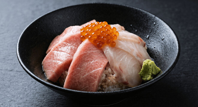 Japanese Kaisendon with raw Fish, Ikura and Wasabi