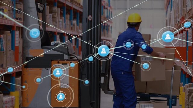 Animation of network of connections over caucasian worker in warehouse