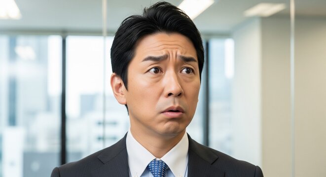 困惑した表情を浮かべる中年日本人男性ビジネスマン