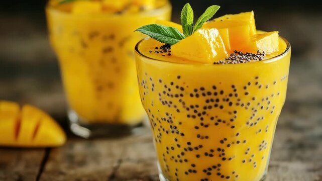 A refreshing fruit drink garnished with tropical fruits and poppy seeds. Perfect for a summer day or healthy snack.