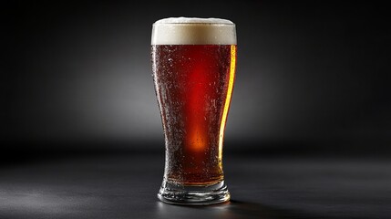 Tall glass of amber brew shimmering under warm lighting, inviting relaxation and enjoyment.