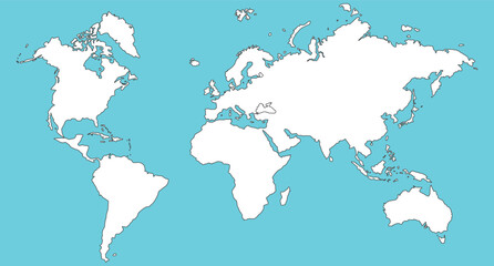 Obraz premium World map icon vector isolated. white and black flat world map in blue water background. Earth geography, map silhouette, earth vector symbol. Hand drawn world map vector. Vector illustration.