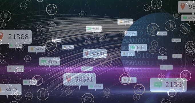 Animation of globe with binary coding and network of social media icons and numbers