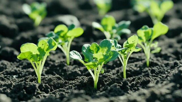 Close-up of a field with small seedlings emerging from the ground