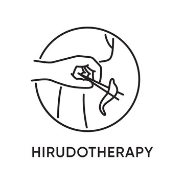 Hirudotherapy emblem in thin line - hand with tweezers holds leech