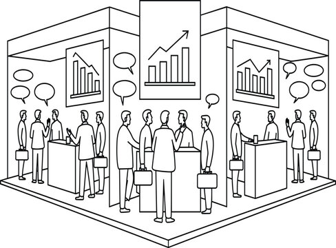 Professional business people networking at tradeshow exhibition booth with data growth charts and speech bubbles - Powered by Adobe