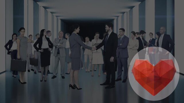 Animation of abstract black globe over businessman handshake