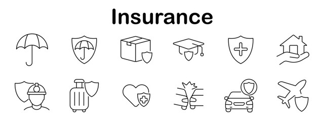 Fototapeta premium Insurance set icon. Umbrella, shield, package, diploma, medical shield, house hand, worker, luggage, heart, car crash, car shield, airplane shield shown in line format.