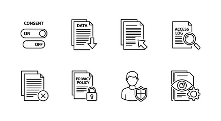 Fototapeta premium Data protection icons: privacy policy, access logs, consent settings, and user security