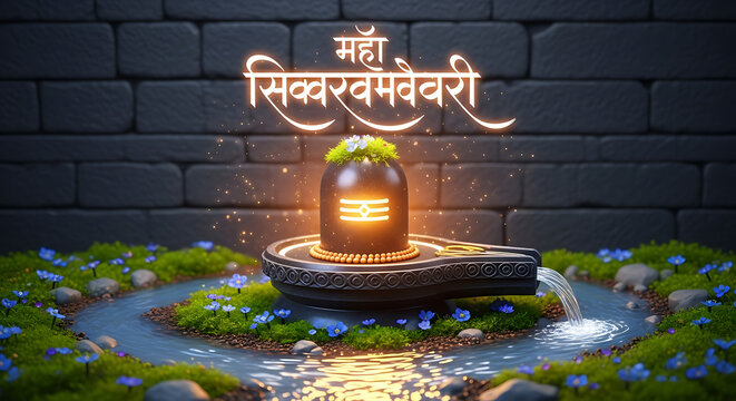 Glowing Shiva Lingam with Miniature River at Base and Sanskrit Script Maha Shivaratri Devotional Card