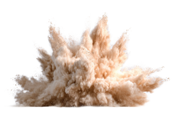 An intense explosion of sand and dust on a transparent background with a massive cloud of debris flying through the air transparent background