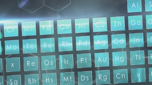 Periodic table, chemical and dna structure over caucasian girl using laptop in the class at school