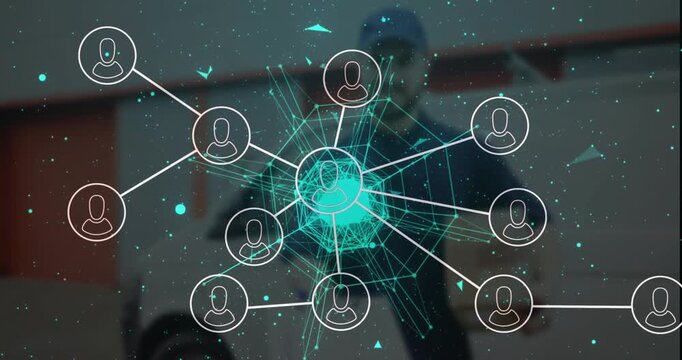 Animation of network of connections with icons over globe