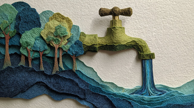 Paper art water conservation. Art and Craft. Forest and river landscape. Save water concept.