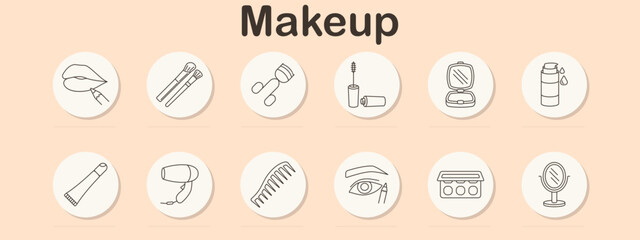 Fototapeta premium Makeup set icon. Lips, brushes, powder, mascara, mirror, toner, tube, dryer, comb, eyebrow, palette, stand mirror.