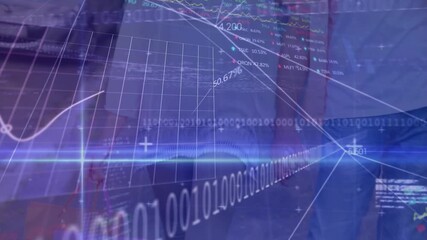 Animation of data processing and graphs over diverse woman and man holding hands - Powered by Adobe