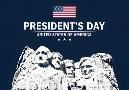 President's Day USA Background with Mount Rushmore Silhouette and American Flag on Dark Blue