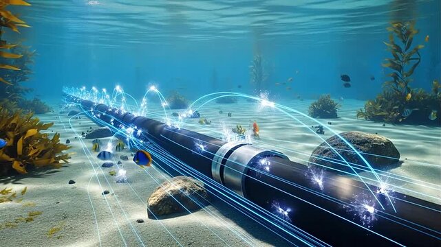 Underwater data cable transmitting glowing light signals across the ocean floor, connecting global communication and technology