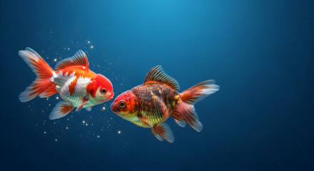 Fototapeta premium Two goldfish swim in dark blue water, one orange-white, the other mottled orange-brown, symbolizing serenity and underwater beauty for relaxation concepts