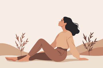 Vector illustration with a place for text, woman sitting on the ground with her eyes closed, enjoying a moment of calm. Soft tones. For topics mental women's health, psychology, self-care, mindfulness
