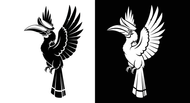 Stylized black and white vector illustration of a hornbill bird with detailed wings and crest, presented in two contrasting versions.