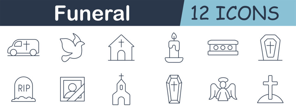 Funeral set icon. Coffin, candle, church, tombstone, dove, hearse, cross, photo frame, angel, urn, and grieving symbols drawn with clean religious design style.