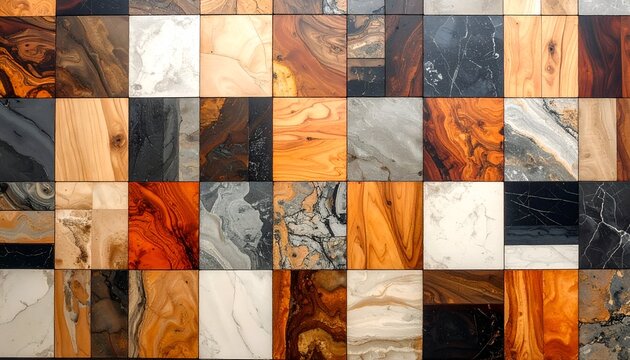 Varied texture squares, wood and marble. Abstract grid of mixed patterns