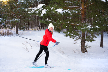 Woman skiing in  winter forest
