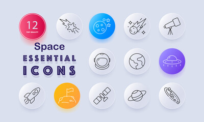 Space set icon. Meteor, planet, comet, telescope, helmet, Earth, UFO, rocket, flag on moon, satellite, Saturn, orbit drawn in outlined astronomy theme. © Кирилл Макаров