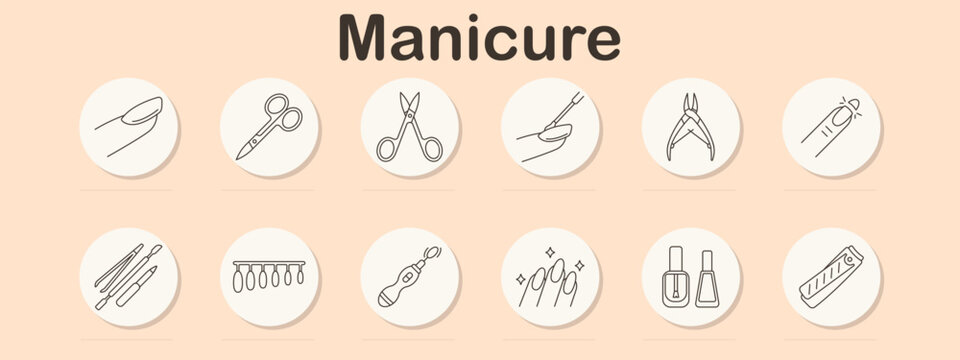 Manicure set icon. Nail, scissors, clippers, cuticle, nippers, polish brush, files, tips, electric tool, sparkle nails, bottles, buffer.