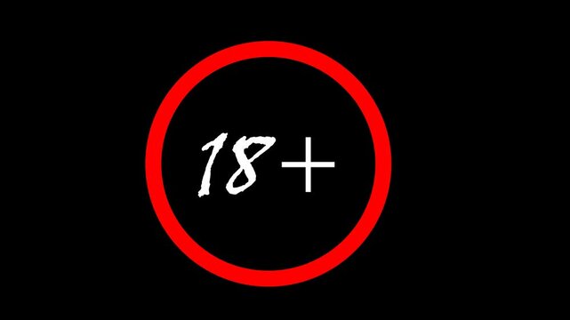 18+ not allowed logo animation, 18 plus icon sign animation on black background.