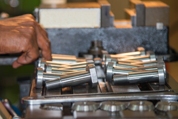 Metal Screw Parts Production in Workshop with Lathe Machine Operator