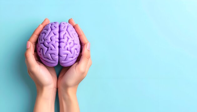 Hands gently hold a purple brain against a light blue background (1)