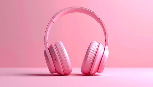 Pink headphones on a pink surface, casting soft shadows, frontal shot