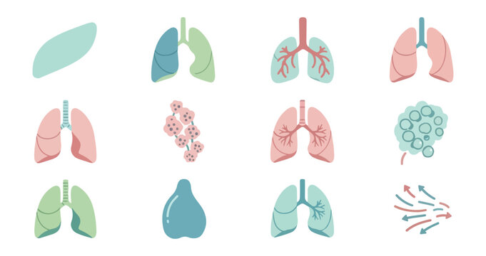 Medical illustrations of lungs depicting various states on black background