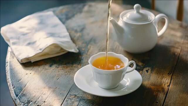 A warm cup of tea sits on a wooden table, with a teapot and napkin nearby. The sunlight filters through the window in the background.