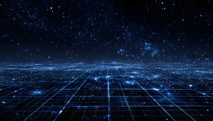 Futuristic digital cyberspace background vast perspective grid floor illuminating dark space with bright stars and glowing data points conceptual visualization of network connectivity